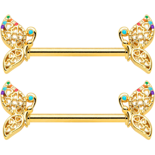 14G 9/16 Clear CZ Gem Gold Tone Heart Butterfly Nipple Ring Set