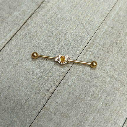 14G Yellow Gem Gold Tone Duet Scroll Industrial Barbell 38mm