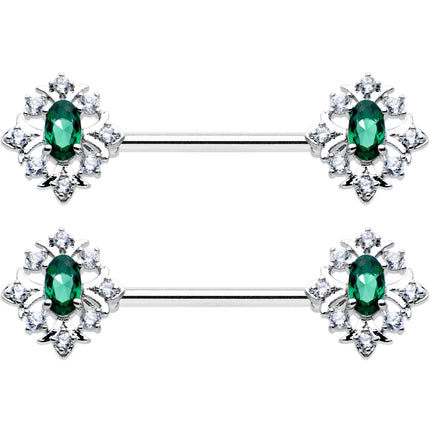 14G 9/16 Clear Green Gem Ornate Art Deco Barbell Nipple Ring Set