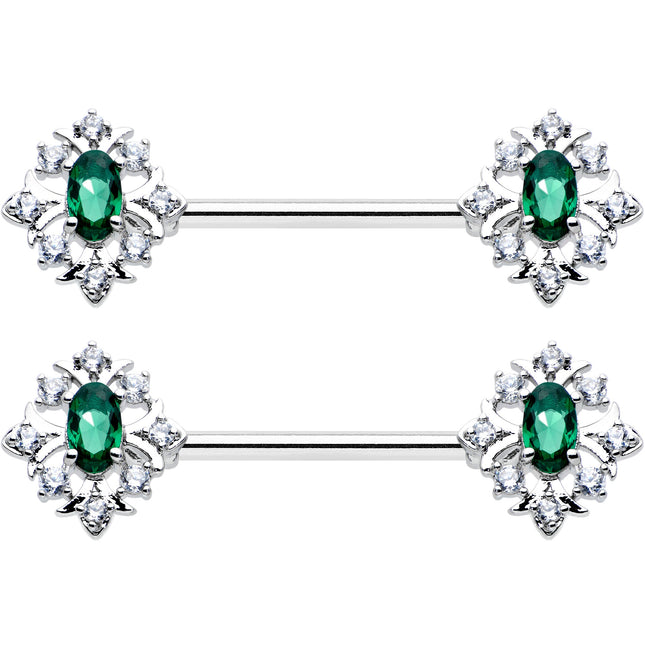 14G 9/16 Clear Green Gem Ornate Art Deco Barbell Nipple Ring Set