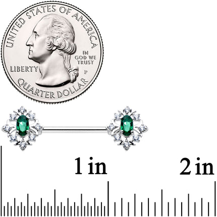 14G 9/16 Clear Green Gem Ornate Art Deco Barbell Nipple Ring Set