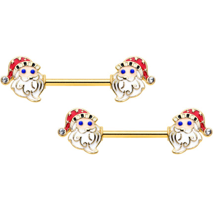 14G 9/16 Clear Gem Gold Hue Happy Santa Christmas Nipple Ring Set