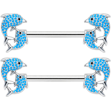 14G 9/16 Black Blue Gem Leaping Dolphin Barbell Nipple Ring Set