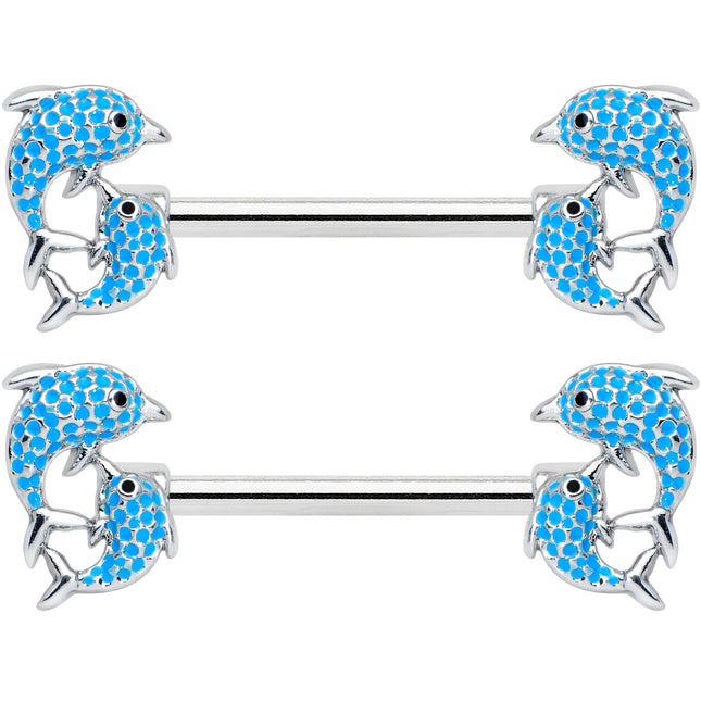 14G 9/16 Black Blue Gem Leaping Dolphin Barbell Nipple Ring Set