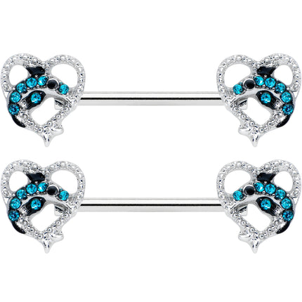 14G 9/16 Clear Blue Gem Dolphin Heart Barbell Nipple Ring Set