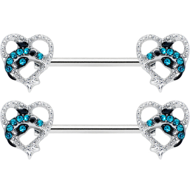 14G 9/16 Clear Blue Gem Dolphin Heart Barbell Nipple Ring Set