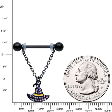 14G 9/16 Clear Gem Black Witch Hat Chain Dangle Nipple Ring Set