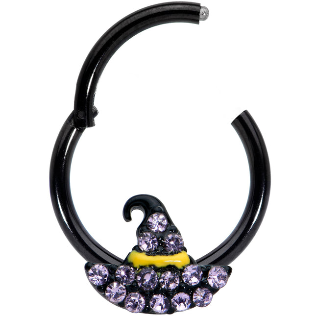 16G 3/8 Clear Gem Black Witch Hat Halloween Hinged Segment Ring
