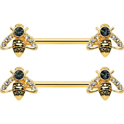 14G 9/16 Clear Black Gem Gold Tone Angular Bee Nipple Ring Set