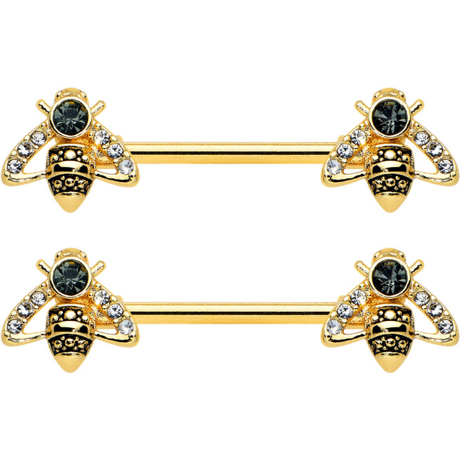 14G 9/16 Clear Black Gem Gold Tone Angular Bee Nipple Ring Set