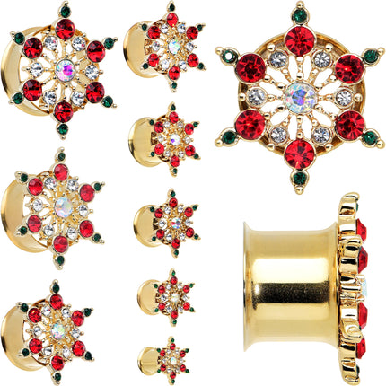 Red Green Gem Gold Tone Bright Christmas Double Flare Plug Set