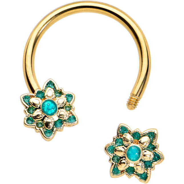 16G 3/8 Gold Tone Blue Orb Snowflake End Horseshoe Curved Barbell