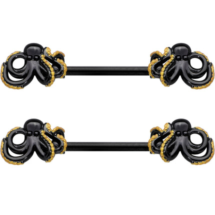 14G 9/16 Black Understated Octopus Barbell Nipple Ring Set
