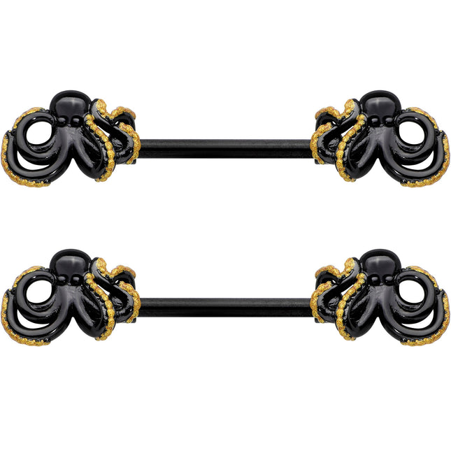 14G 9/16 Black Understated Octopus Barbell Nipple Ring Set