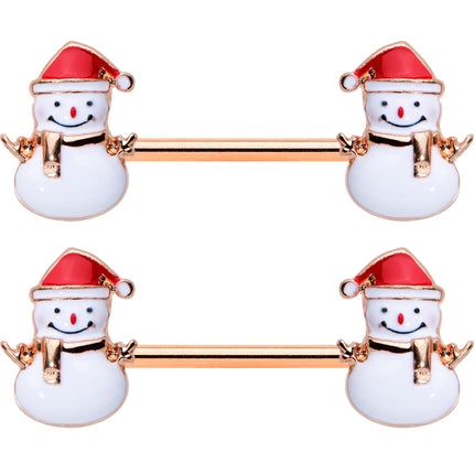 14G 9/16 Rose Gold Tone Smiling Snowman Christmas Nipple Ring Set