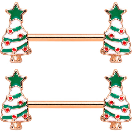 14G 9/16 Red Gem Rose Gold Tone Christmas Tree Nipple Ring Set