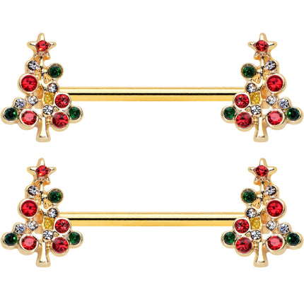 14G 9/16 Red Gem Gold Tone Christmas Tree Nipple Ring Set