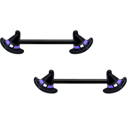 14G 5/8 Black Purple Band Witch Hat Halloween Nipple Ring Set