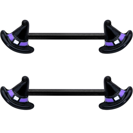 14G 5/8 Black Purple Band Witch Hat Halloween Nipple Ring Set