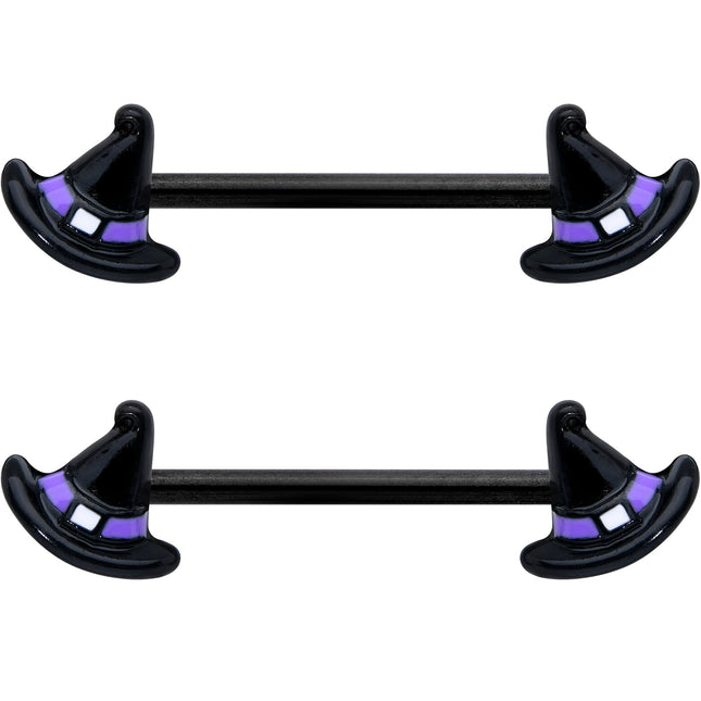 14G 5/8 Black Purple Band Witch Hat Halloween Nipple Ring Set