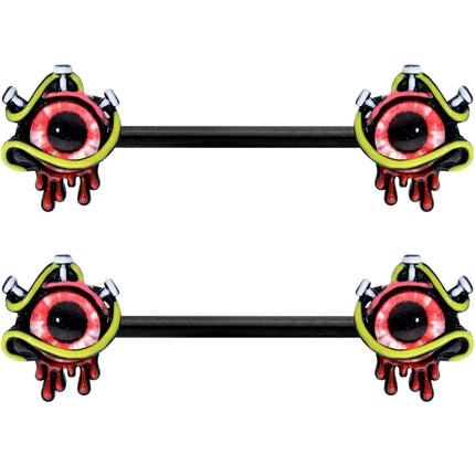 14G 9/16 Black Spiky Eyeball Halloween Barbell Nipple Ring Set