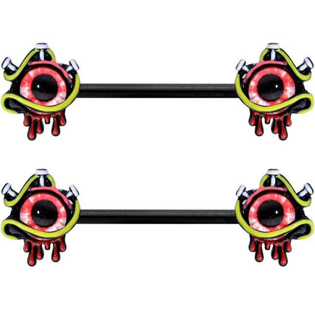 14G 9/16 Black Spiky Eyeball Halloween Barbell Nipple Ring Set
