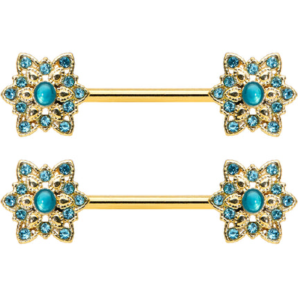 14G 9/16 Aqua Gem Gold Tone Snowflake Christmas Nipple Ring Set
