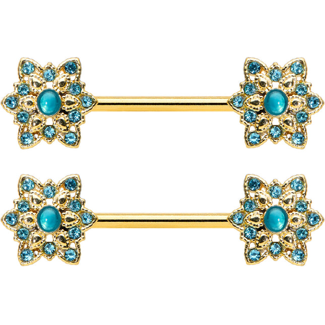 14G 9/16 Aqua Gem Gold Tone Snowflake Christmas Nipple Ring Set