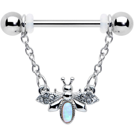 14G 9/16 White Synthetic Opal Chain Dangle Nipple Ring Set