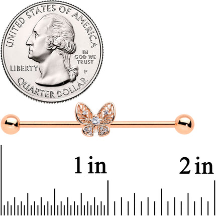 14G Clear Rose Gold Tone Airy Butterfly Industrial Barbell 38mm