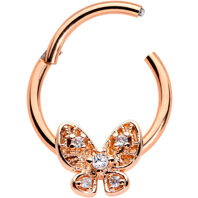 16G 3/8 Clear Gem Rose Gold Hue Airy Butterfly Hinged Segment Ring