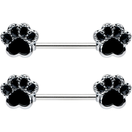 14G 9/16 Textured Black Paw Print Barbell Nipple Ring Set