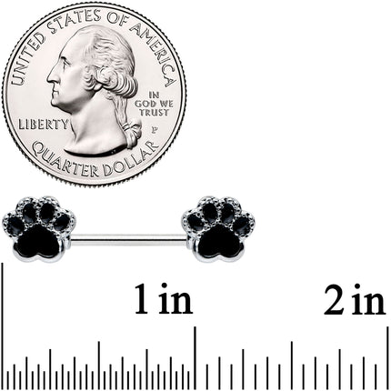 14G 9/16 Textured Black Paw Print Barbell Nipple Ring Set