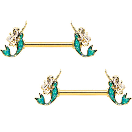 14G 9/16 Green Faux Opal Gold Tone Curvy Mermaid Nipple Ring Set