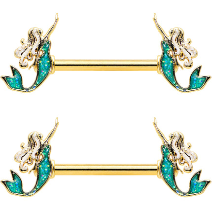 14G 9/16 Green Faux Opal Gold Tone Curvy Mermaid Nipple Ring Set