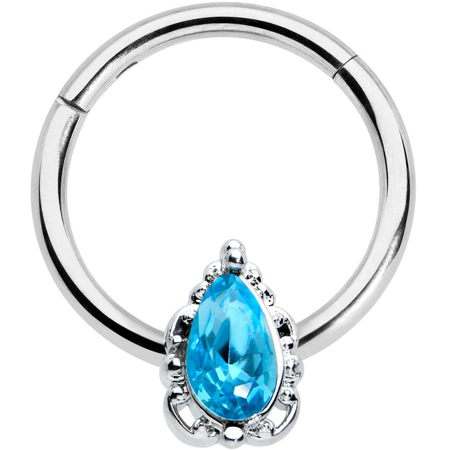 16G 3/8 Clear Blue Gem Oval Art Deco Hinged Segment Ring
