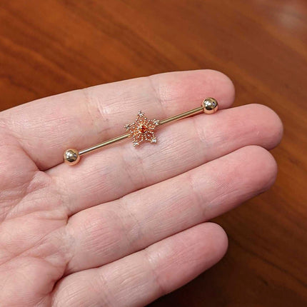 14G Red Gem Rosy Tone Texture Snowflake Industrial Barbell 38mm