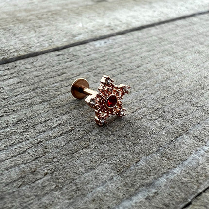 16G 1/4 Red Gem Rose Gold Tone Texture Snowflake Labret Tragus