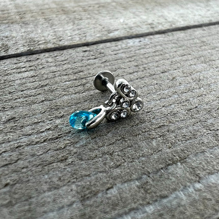 16G 1/4 Clear Blue Gem Scrolling Elegance Dangle Labret Tragus