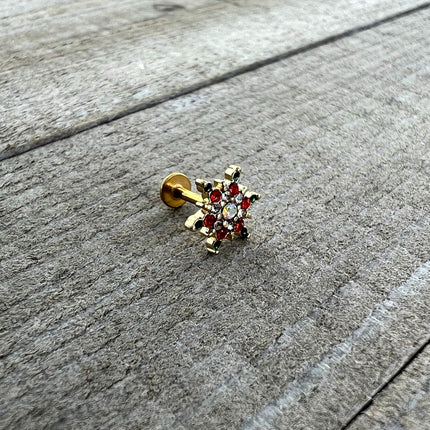 16G 1/4 Red Aurora Gem Gold Tone Christmas Star Labret Tragus