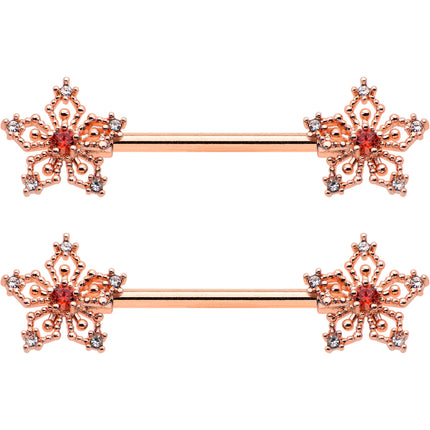 14G 9/16 Red Gem Rosy Hue Texture Snowflake Barbell Nipple Ring Set