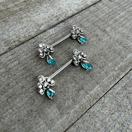 14G 9/16 Blue Gem Scrolling Elegance Dangle Nipple Ring Set