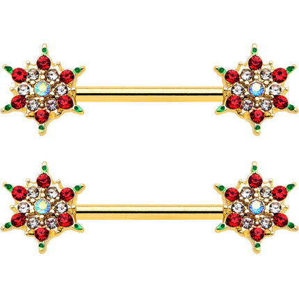 14G 9/16 Red Gem Gold Hue Bright Christmas Barbell Nipple Ring Set