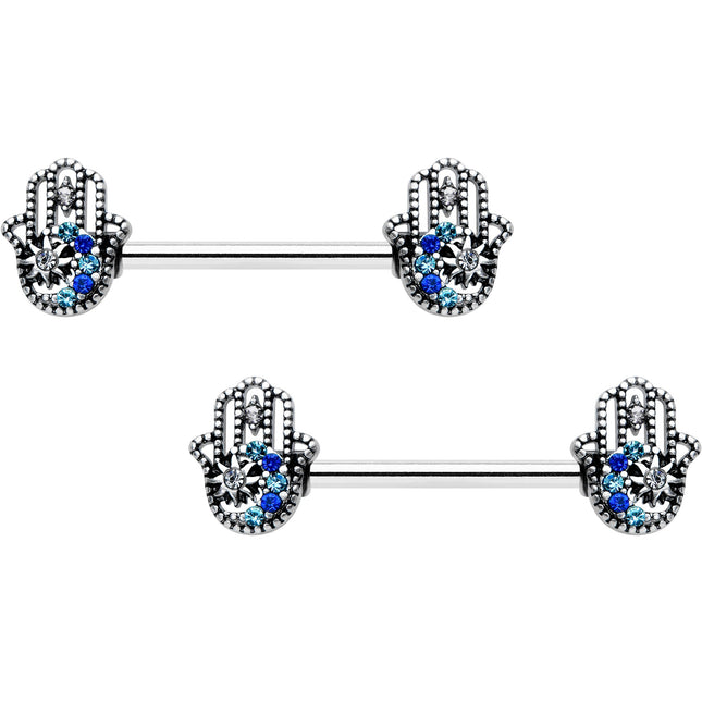 14G 9/16 Clear Blue Gem Textured Hamsa Hand Nipple Ring Set