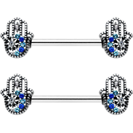 14G 9/16 Clear Blue Gem Textured Hamsa Hand Nipple Ring Set