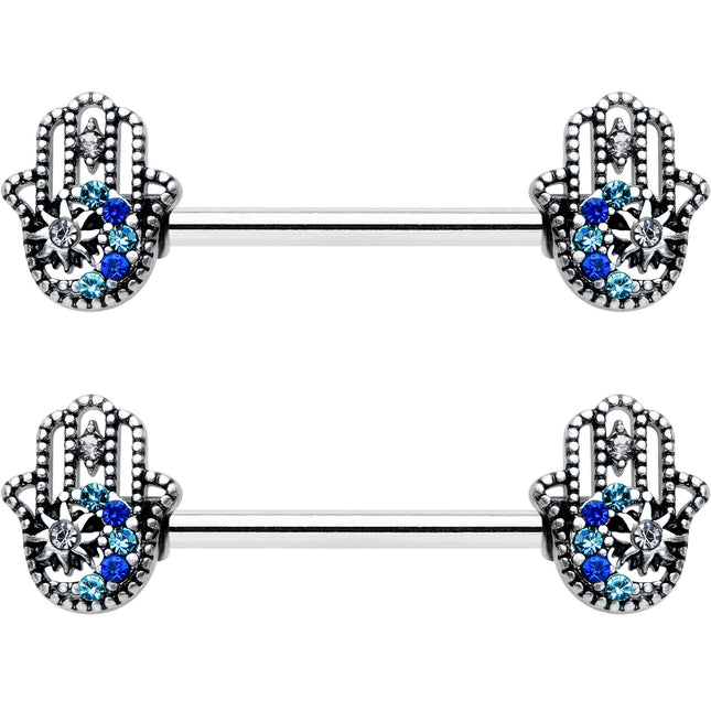 14G 9/16 Clear Blue Gem Textured Hamsa Hand Nipple Ring Set