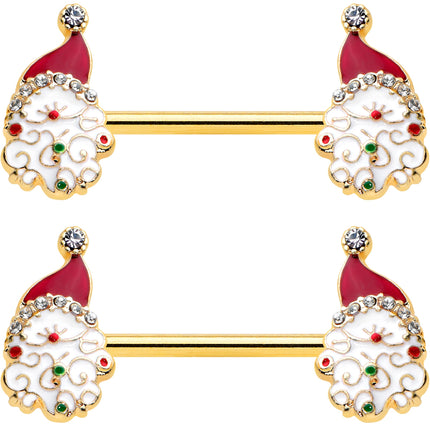 14G 1/2 Clear Gem Gold Tone Decorated Santa Barbell Nipple Ring Set