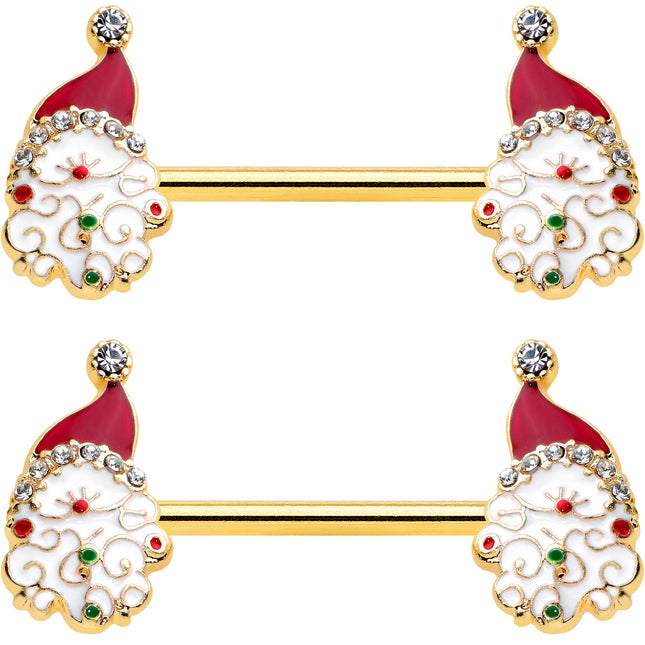 14G 1/2 Clear Gem Gold Tone Decorated Santa Barbell Nipple Ring Set