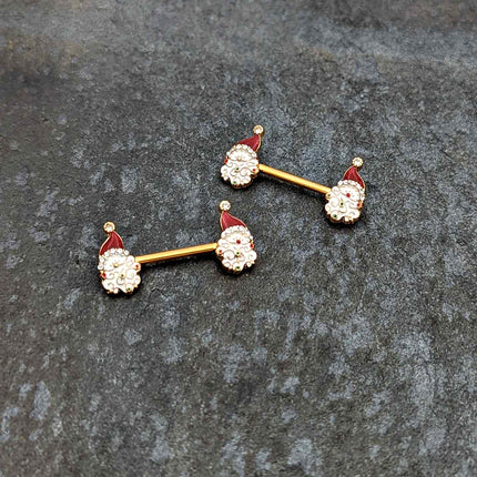 14G 1/2 Clear Gem Gold Tone Decorated Santa Barbell Nipple Ring Set
