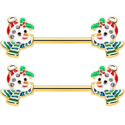 14G 9/16 Clear Gem Gold Tone Snowman Christmas Nipple Ring Set